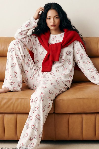 Soft-Touch Winter Corded Fabric Knitted Pajama Set with Candy Cane Pattern, 8100