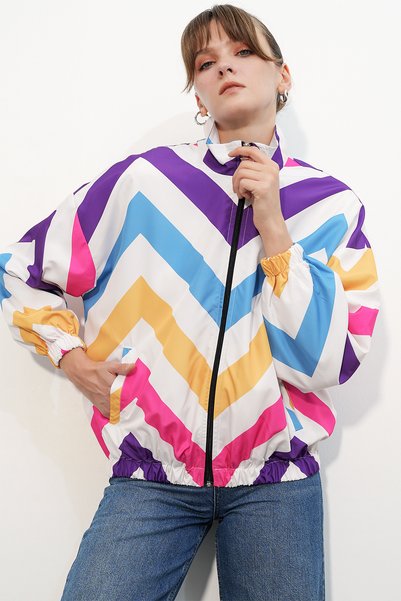 Women's Geometric Patterned Bomber Jacket 0781 - Multicolor
