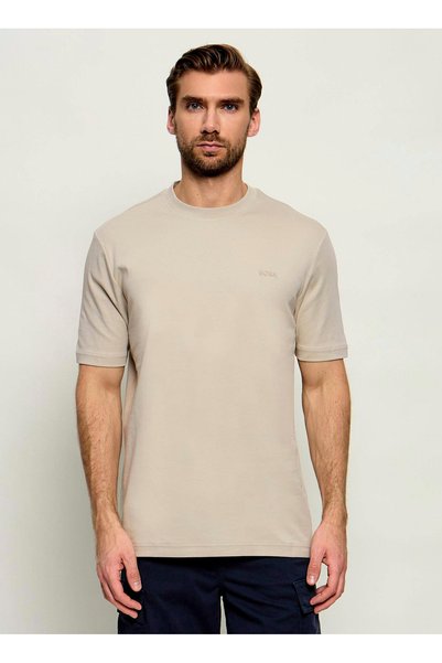 Te_interlock Beige Men’s Crew Neck T-Shirt with Logo Print, Regular Fit