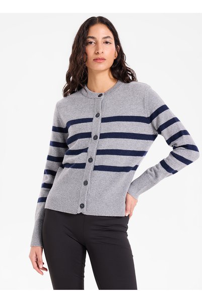 J6WL-HRK7001 Anthracite Women's Crew Neck Striped Relaxed-Fit Knit Cardigan