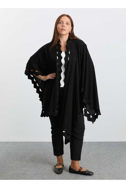 Black Women's V-Neck Glittery Poncho 26KSL4224