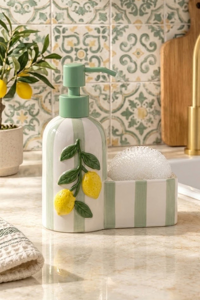 Countertop Lemon Ceramic Liquid Soap Dispenser with Sponge Compartment for Bathroom and Kitchen, 350 ml