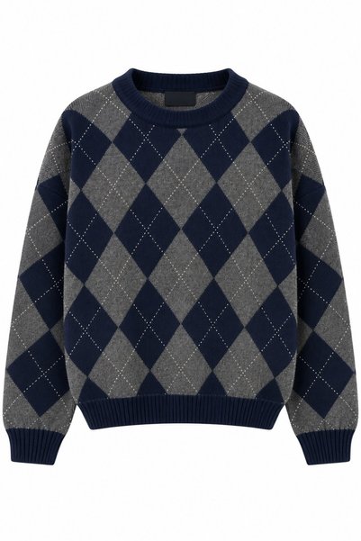 Navy Blue Diamond Patterned Sweater with Brushed Inside Trim - 0112