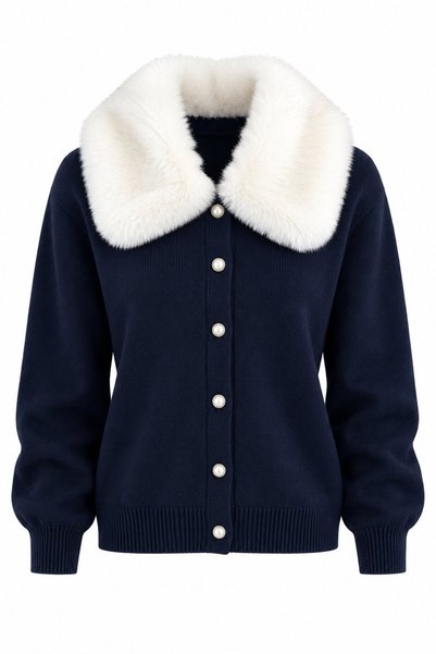 Navy Blue Fur-Trimmed Cardigan - 2y261002