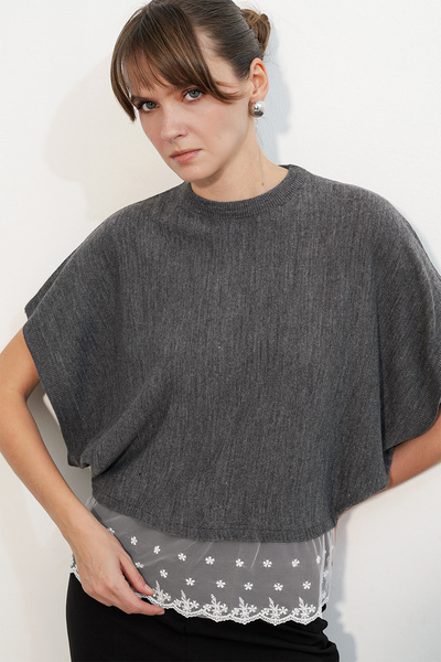 Women's Lace-Detail Batwing Sleeve Knit Blouse 15990 - Gray