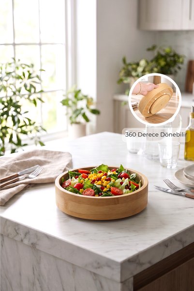 Bamboo Rotating Multifunctional Fruit and Salad Serving Bowl, 20 cm