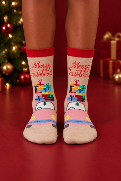 Children's Merry Christmas-Patterned New Year's Socks, Beige