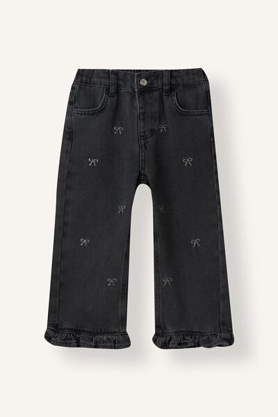 New Year's Themed Bow Embroidered Ruffled Hem Culotte Jean Pants for Baby Girls I9605A526Cw
