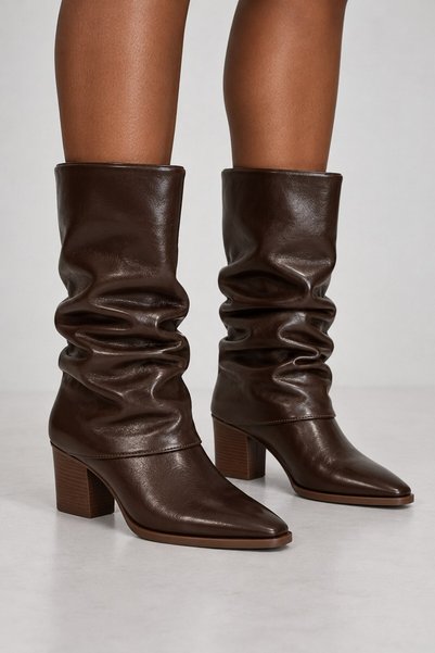 Brown Patent Leather Women's Textured Ruched Boots
