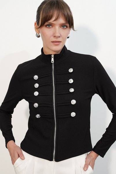 Women's Button Detailed Napoleon Jacket 0776 - Black