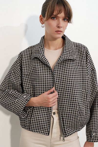 Women's Plaid Patterned Lined Bomber Jacket 0777 - Black