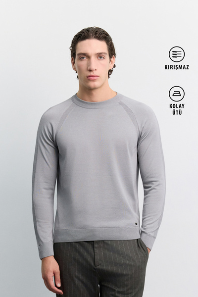 Men's Gray Crew Neck Easy-Ironing Wrinkle-Resistant Long Sleeve Regular Fit Knitwear Sweater A62Y5084