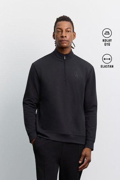 Men's Black Stand Collar Zippered Printed Easy-Iron Cotton Regular Fit Sweatshirt A62Y1310