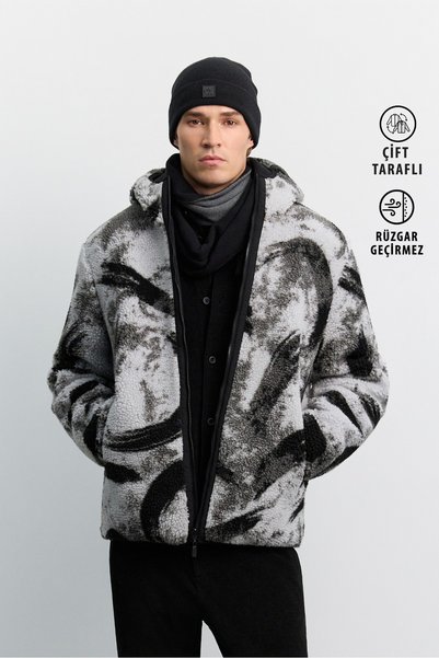 Men's Black Hooded Double-Sided Warm Windproof Plush Comfort Fit Coat A62Y6080