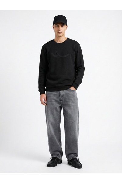 Regular Fit Sign Printed Crew Neck Anthracite Sweatshirt