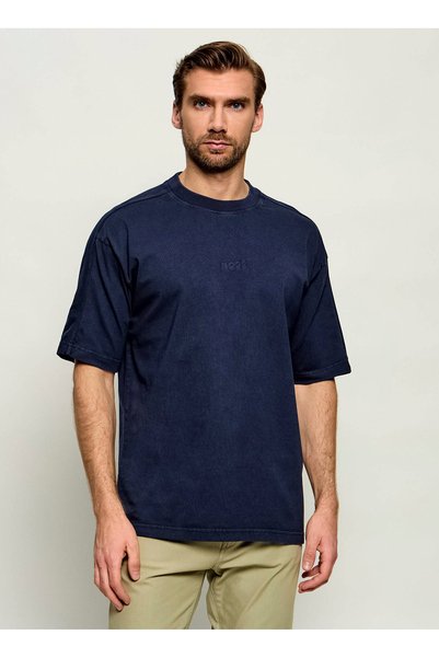 Te_Tile Navy Blue Men’s Crew Neck T-Shirt with Logo Print, Relaxed Fit, Single Jersey