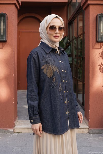 Beaded Detail, Button-Front Cotton Denim Shirt 10806 Denim