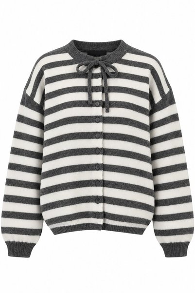Gray Cardigan with Collar Detail, Tie-Front, Striped Design - 10203