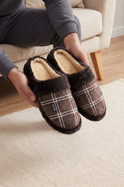 Brown Men's Winter Fur-Trimmed Plush Plaid-Patterned Soft Sole House Slippers
