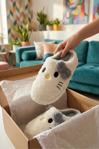 Gray "Hello" Cat-Shaped Winter Slippers with Ribbon Details, Bow Detail, and Silent Soles—Plush House Slippers, House Shoes