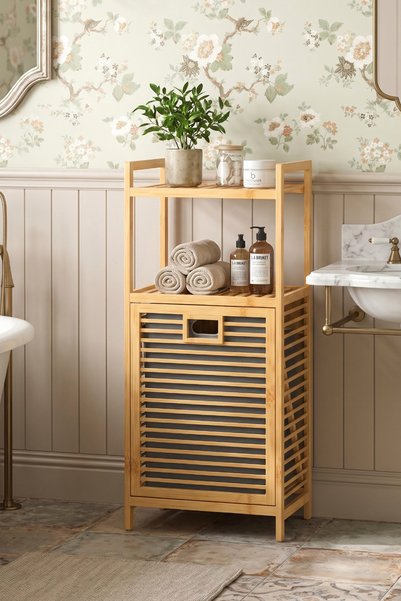 Bamboo 2-Shelf Multipurpose Bathroom Organizer and Laundry Basket