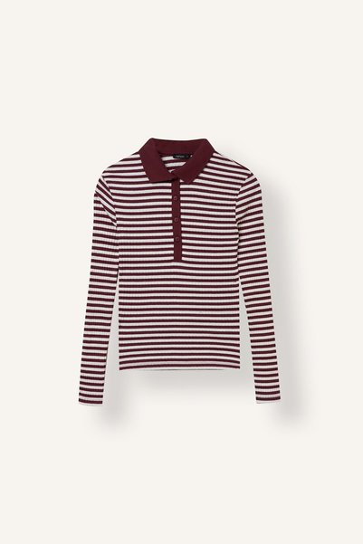Slim Fit Polo Collar Striped Ribbed Camisole Long Sleeve T-Shirt F7808Ax26Au