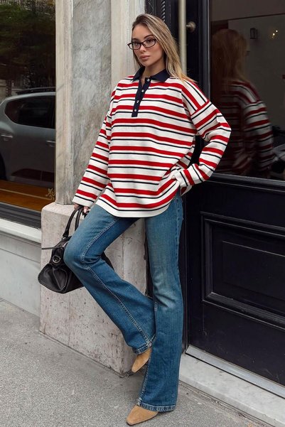 Women's Red Gabi Striped Polo Collar Knit Sweater