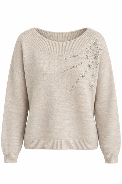 Light Beige Sweater Embellished with Stones and Featuring a Boat Neck - 2y251189