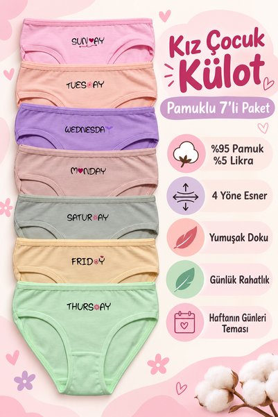 Girls' Panties, 7-Pack, Pure Cotton with Stretch Fabric, 7 Days