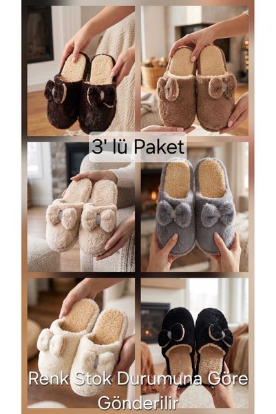 3-Pack Women's Plush House Slippers with Ribbons and Rhinestones