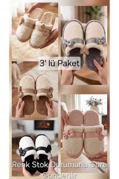 3-Pack Bow-Detail Plush House Slippers / Soft Sole Comfortable Indoor Slippers