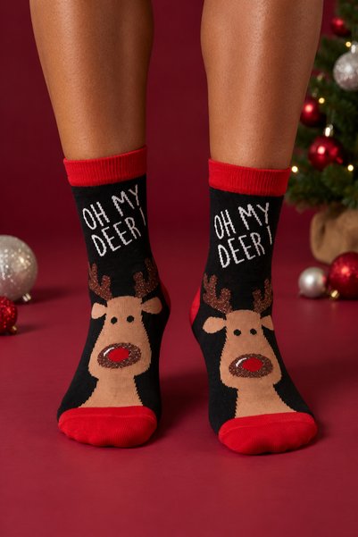 Unisex Cotton New Year's Ankle Socks with Deer Print, Navy Blue