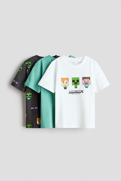 3-Pack Printed T-Shirts Green/Minecraft Jersey Regular Fit