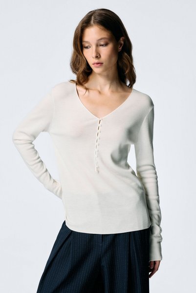 V Neck Long Sleeve Wool Knit Blouse
