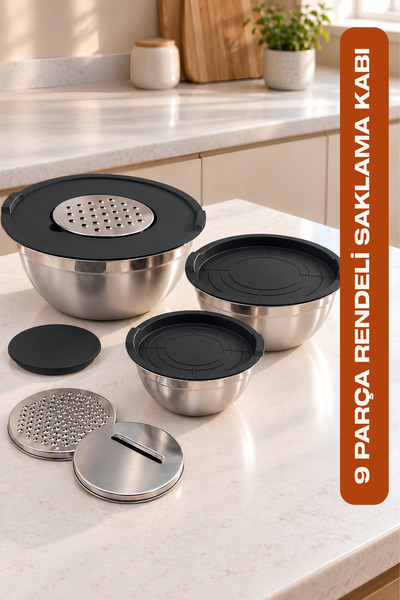 9-Piece Stainless Steel Mixing and Storage Container Set with Grater (16-20-24 cm)