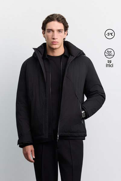 Men's Black Magnet Pocket Detailed Hooded Waterproof Lightweight Coat A62Y6203