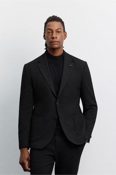 Men's Black Mono Collar Double Slit Unlined Seersucker Classic Comfort Slim Fit Jacket A62Y4003