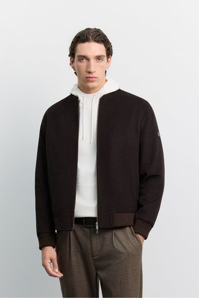 Men's Brown Bomber Collar, Skirt, Sleeve and Collar Knitwear Ribbed, Fleto Pocketed Wool Cashmere Coat A62Y6014