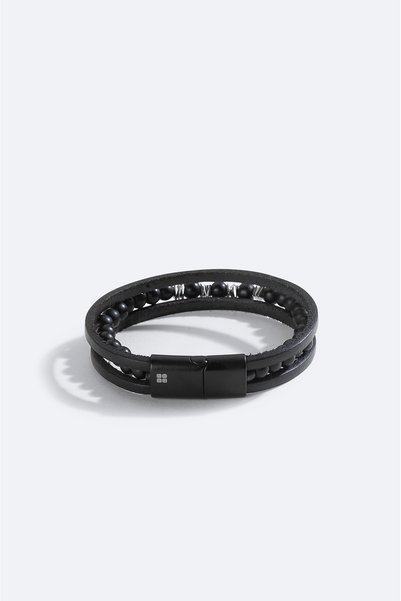 Men's Black Leather and Hematite Stone Bracelet A51Y9600