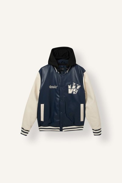 Regular Fit Hooded Faux Leather College Jacket with Emblem and Snap-Fastened Closure I0994AX26WN