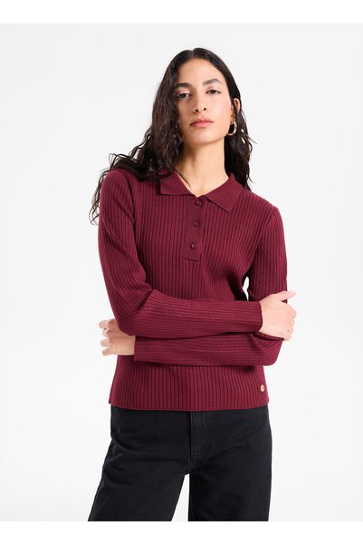 M5WL-KZK1078 Burgundy Women's polo collar knit sweater