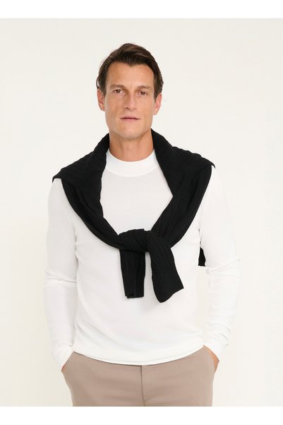 PAE043261474_EKR Ecru Men’s Half-Turtleneck Sweater with Boat Neck