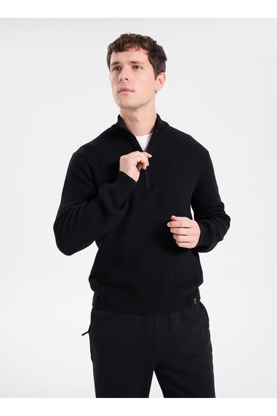 N6WM-KZK4044 Black Men’s Patterned Collar Relaxed-Fit Knit Sweater