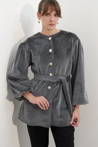 Women's Fox-Print Belted Fabric Coat 9173 - Gray