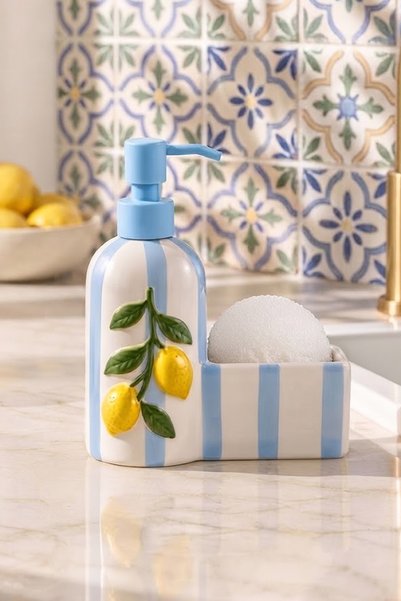 Countertop Lemon Ceramic Liquid Soap Dispenser with Sponge Compartment for Bathroom and Kitchen, 350 ml