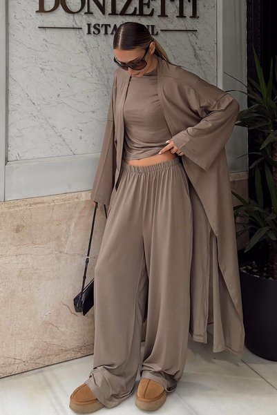 Khaki Slit Cardigan, Short-Sleeved Cropped Top, and Wide-Leg Pants Women's 3-Piece Top and Bottom Set