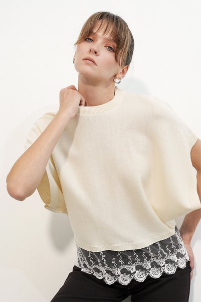 Women's Lace-Detailed Batwing Sleeve Knit Blouse 15990 - Cream