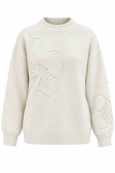 Cream-Colored Crepe Knitted Sweater with Lace Trim - 2y251085