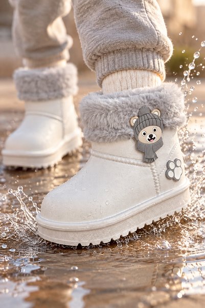 Children's Waterproof Rain Boots with Plush Detailing, Teddy Bear Figure, and Fur Inside