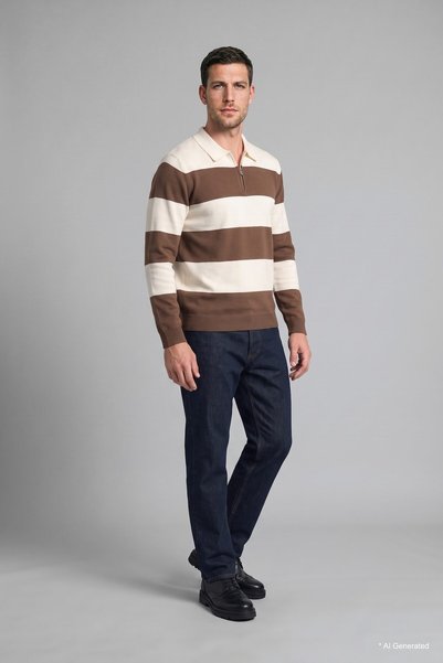 Standard Fit Zippered Polo Collar Striped Knit Sweater H6896Ax26Au